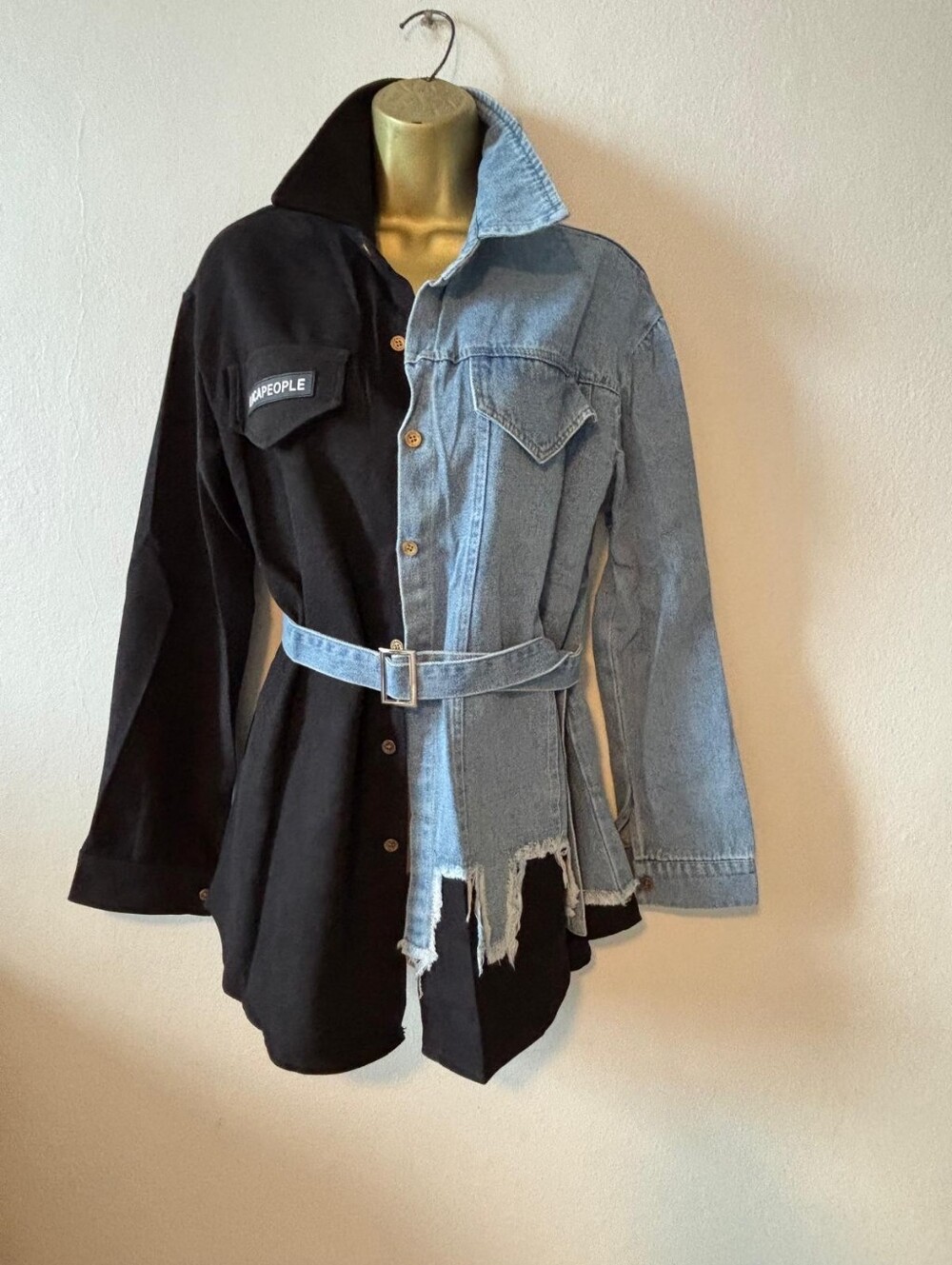 Two-Tone Black & Light Wash Denim Belted Jacket
